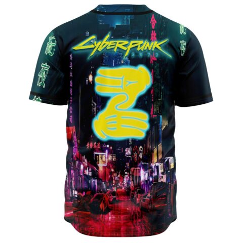 Back view showing neon street scene and yellow fist graphic with Cyberpunk 2077 text