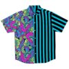 Neon paisley rave button-down shirt with black-stripe split design laid flat, front view