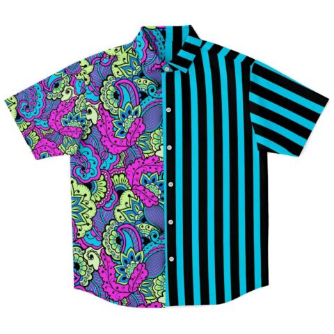 Neon paisley rave button-down shirt with black-stripe split design laid flat, front view