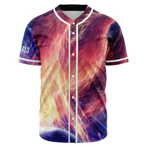 Cosmic pink galaxy rave baseball jersey front view with fiery phoenix wings and star-flecked sky