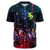 Front view of neon night city print baseball jersey with glowing yellow Z monogram