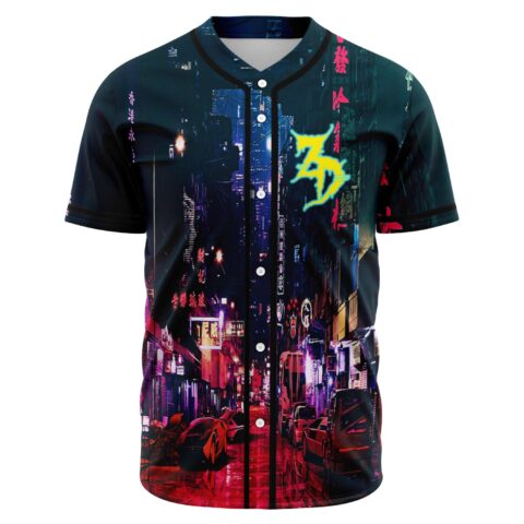 Front view of neon night city print baseball jersey with glowing yellow Z monogram
