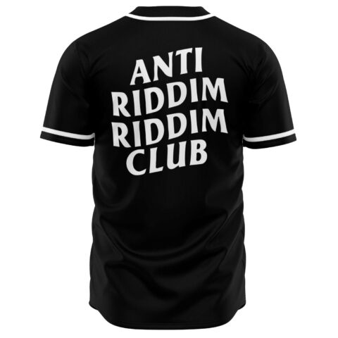 Black rave baseball jersey with Anti Riddim Riddim Club text across back