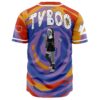 Back view of swirl print jersey with dancing figure graphic and dripping TVBOO lettering