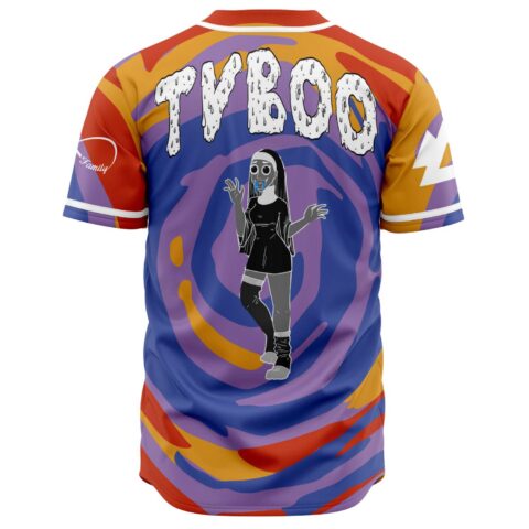 Back view of swirl print jersey with dancing figure graphic and dripping TVBOO lettering