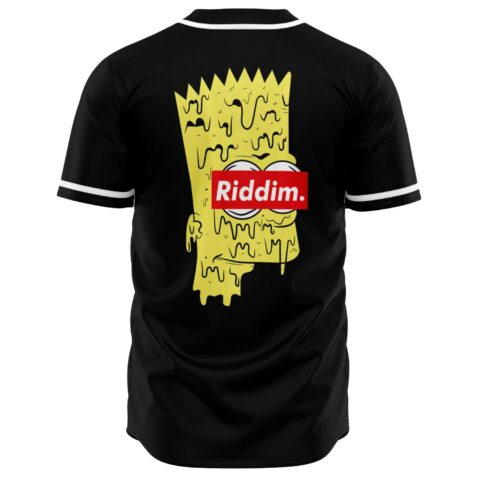 Black melting rave baseball jersey back, dripping yellow cartoon face, Riddim box logo