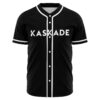 Black rave baseball jersey with bold white KASKADE text and white pinstripe placket, front view