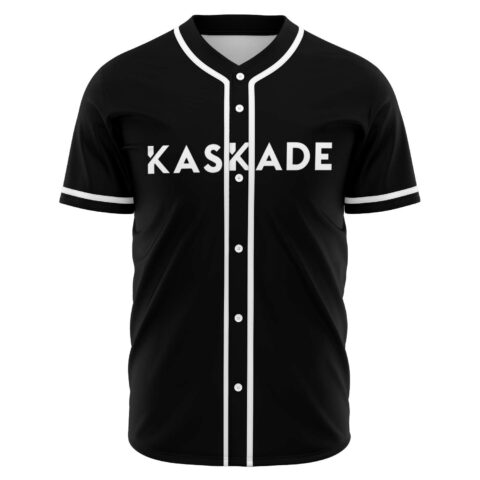 Black rave baseball jersey with bold white KASKADE text and white pinstripe placket, front view