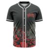 Charcoal grim reaper baseball jersey, front view, red text logo, jagged mountain print
