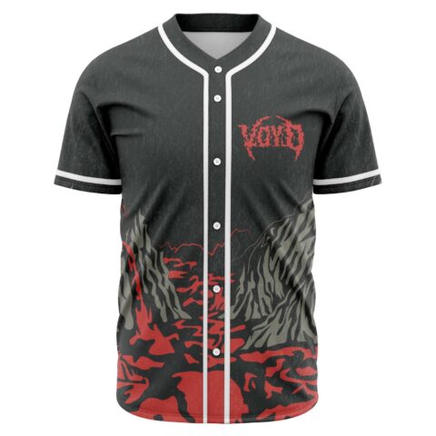 Charcoal grim reaper baseball jersey, front view, red text logo, jagged mountain print