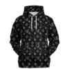 Black monogram print hoodie with WL logos and mammoth icons, front view
