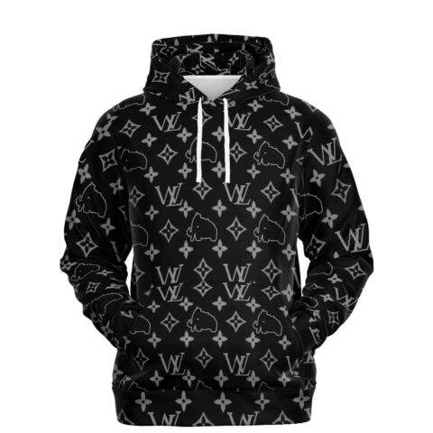 Black monogram print hoodie with WL logos and mammoth icons, front view