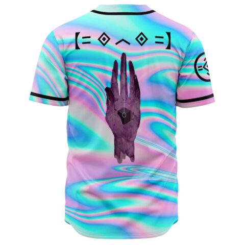 Back view of pastel holographic jersey with mystic hand and cube graphic