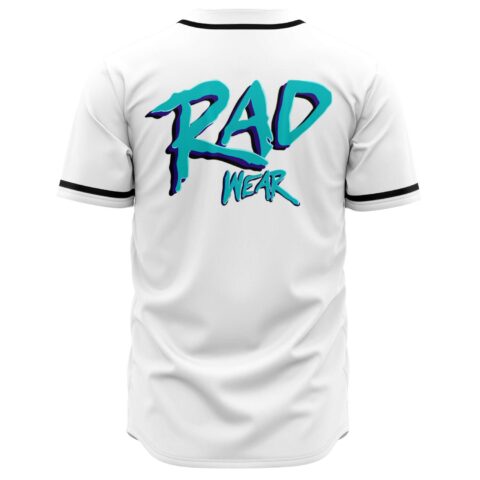 White rave jersey back view showing large teal Rad Wear brush script lettering
