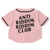 Back view of the light pink riddim club rave cropped baseball jersey with bold black slogan text