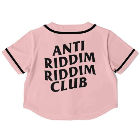 Back view of light pink cropped rave top jersey with bold black text