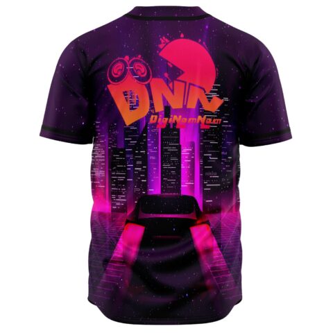Back view of purple galaxy jersey showing neon cityscape and retro car print