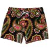 Black paisley rave swim trunks, red, green, orange floral print, front view, laid flat