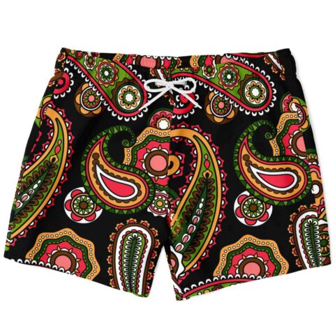 Black paisley rave swim trunks, red, green, orange floral print, front view, laid flat