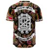 Back of bandana print baseball jersey with Show Love Spread Love banner and bone emblem