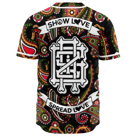 Back of bandana print baseball jersey with Show Love Spread Love banner and bone emblem