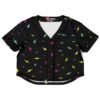 Black lightning bolt rave crop top with multicolored bolt pattern, front view