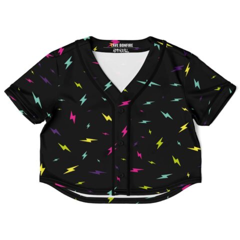 Black crop top jersey with multicolored lightning bolt pattern