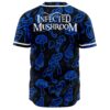 Infected Mushroom text across back yoke of blue mushroom print rave jersey