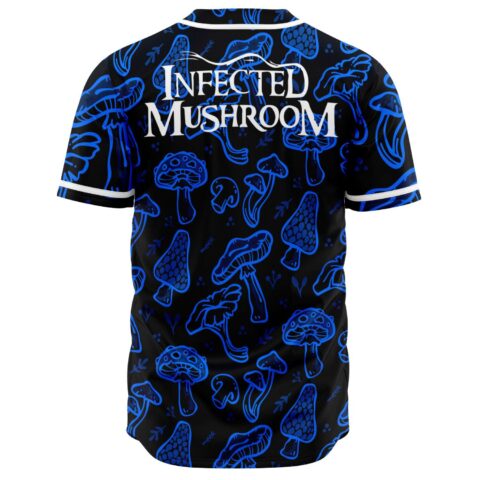 Infected Mushroom text across back yoke of blue mushroom print rave jersey