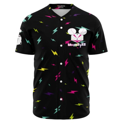 Black scattered lightning bolt print baseball jersey with mouse ears logo front view