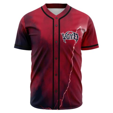 Front view of red stormy haze rave baseball jersey with lightning bolt and Voyd logo