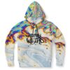 Rainbow oil slick print hoodie with alien Stay Weird graffiti text front flat lay