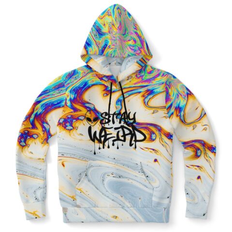 Rainbow oil slick print hoodie with alien Stay Weird graffiti text front flat lay