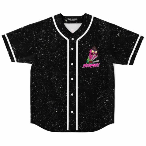 Flat lay of black rave baseball jersey with clawed monster graphic on chest