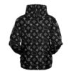 Black monogram print hoodie with WL logos and mammoth icons, back view