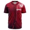 Red lightning storm baseball jersey with front bolt design and text logo across chest