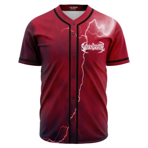 Red lightning storm baseball jersey with front bolt design and text logo across chest