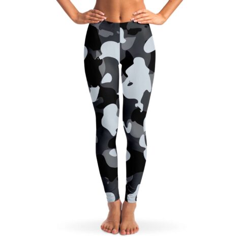 Black and gray camo rave leggings, model front view with hands on hips