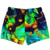 Cosmic fluid art swim trunks back view showing starry navy background and acid green swirls