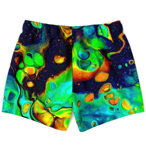 Cosmic fluid art swim trunks back view showing starry navy background and acid green swirls