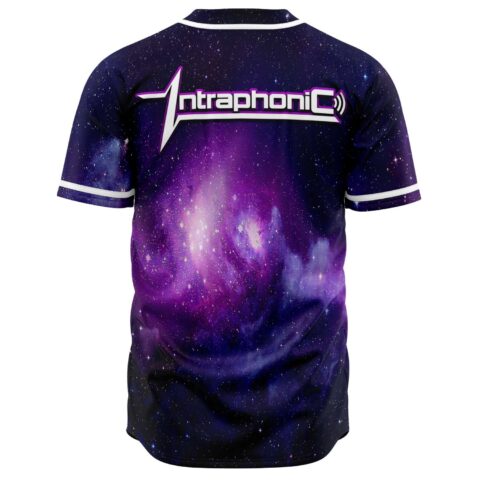 Purple galaxy nebula rave baseball jersey back view with Intraphonic logo print