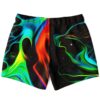 Black abstract flowing rave swim trunks back view showing split neon fire and aurora swirl