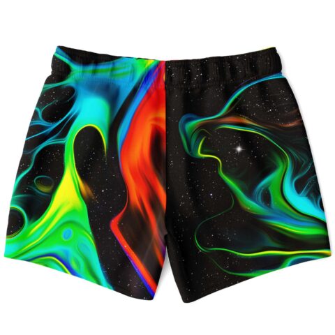 Black abstract flowing rave swim trunks back view showing split neon fire and aurora swirl