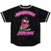 Back view of black speckled baseball jersey with pink monster and Headbangers Bitch text