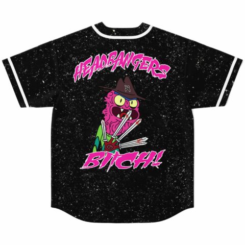 Back view of black speckled baseball jersey with pink monster and Headbangers Bitch text