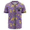 Front view of lavender baseball jersey with psychedelic mushroom print and mushroom emblem