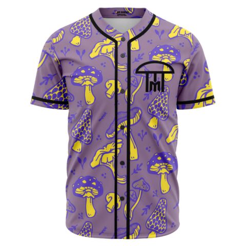 Front view of lavender baseball jersey with psychedelic mushroom print and mushroom emblem