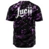 Black and purple splatter jersey back view with large dripping Lucii text and alien eyes