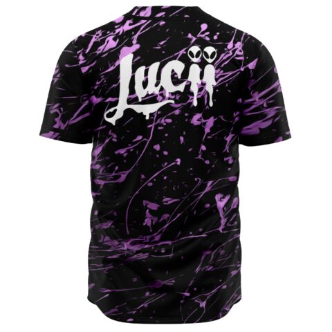 Black and purple splatter jersey back view with large dripping Lucii text and alien eyes