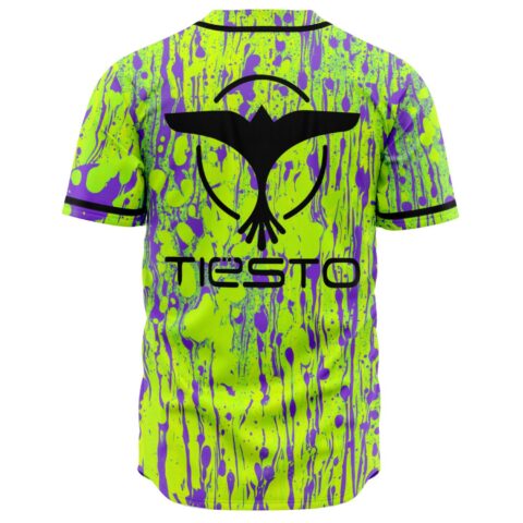 Back view of neon paint splatter jersey with bird emblem and TIESTO text below collar